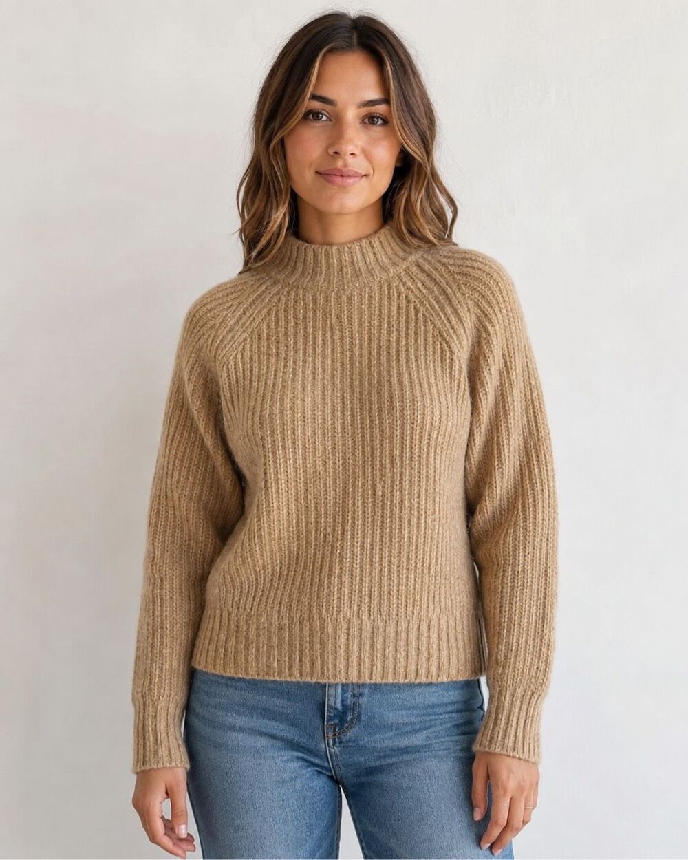 Uniqlo Small Chunky Knit Mock Neck Long Sleeve Sweater Tan Wool Blend Casual War
